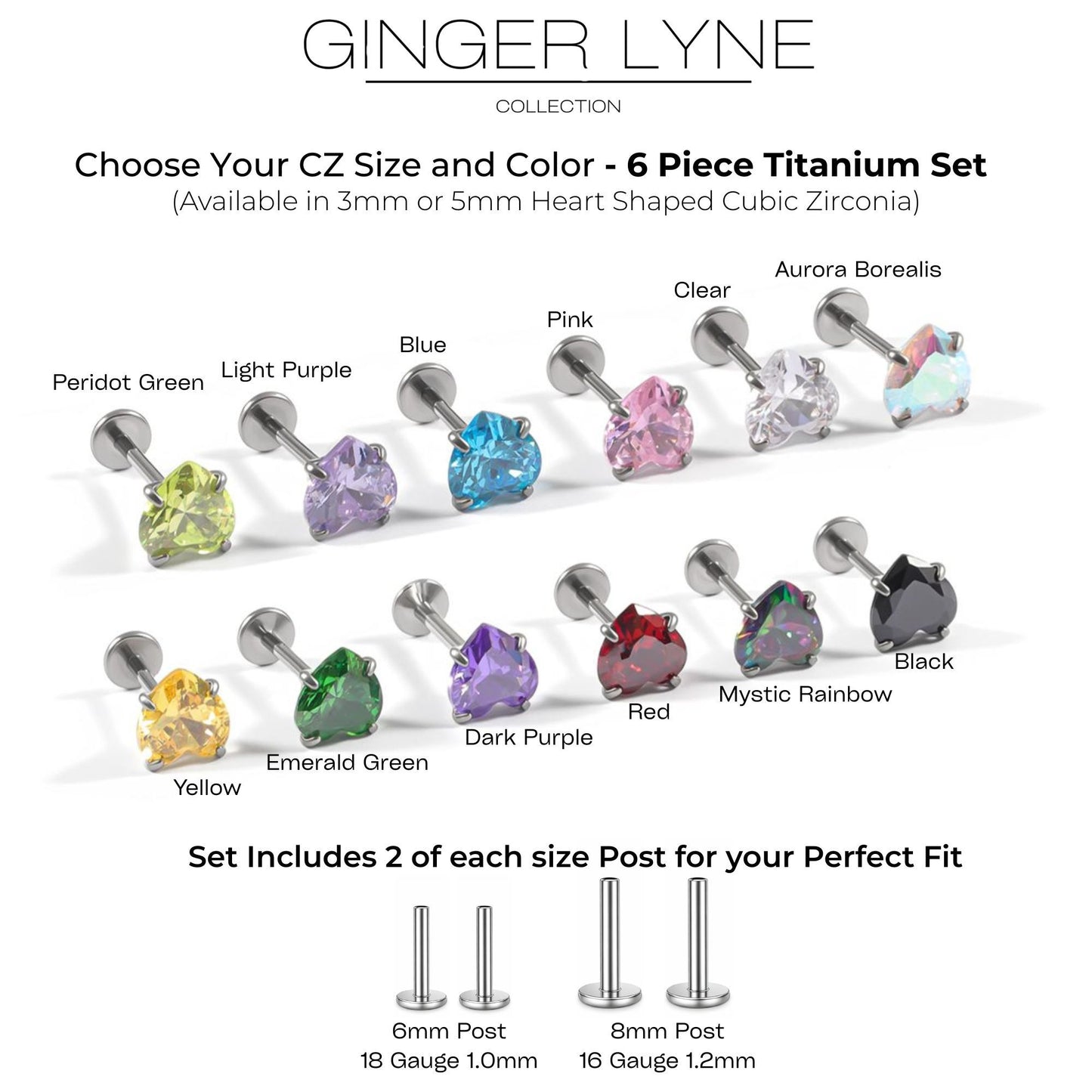 Small Heart CZ Solitaire Flat Back Stud Earrings Titanium Body Piercings by Ginger Lyne 2 Sets Post 6mm 8mm - 3mm-LtPurple