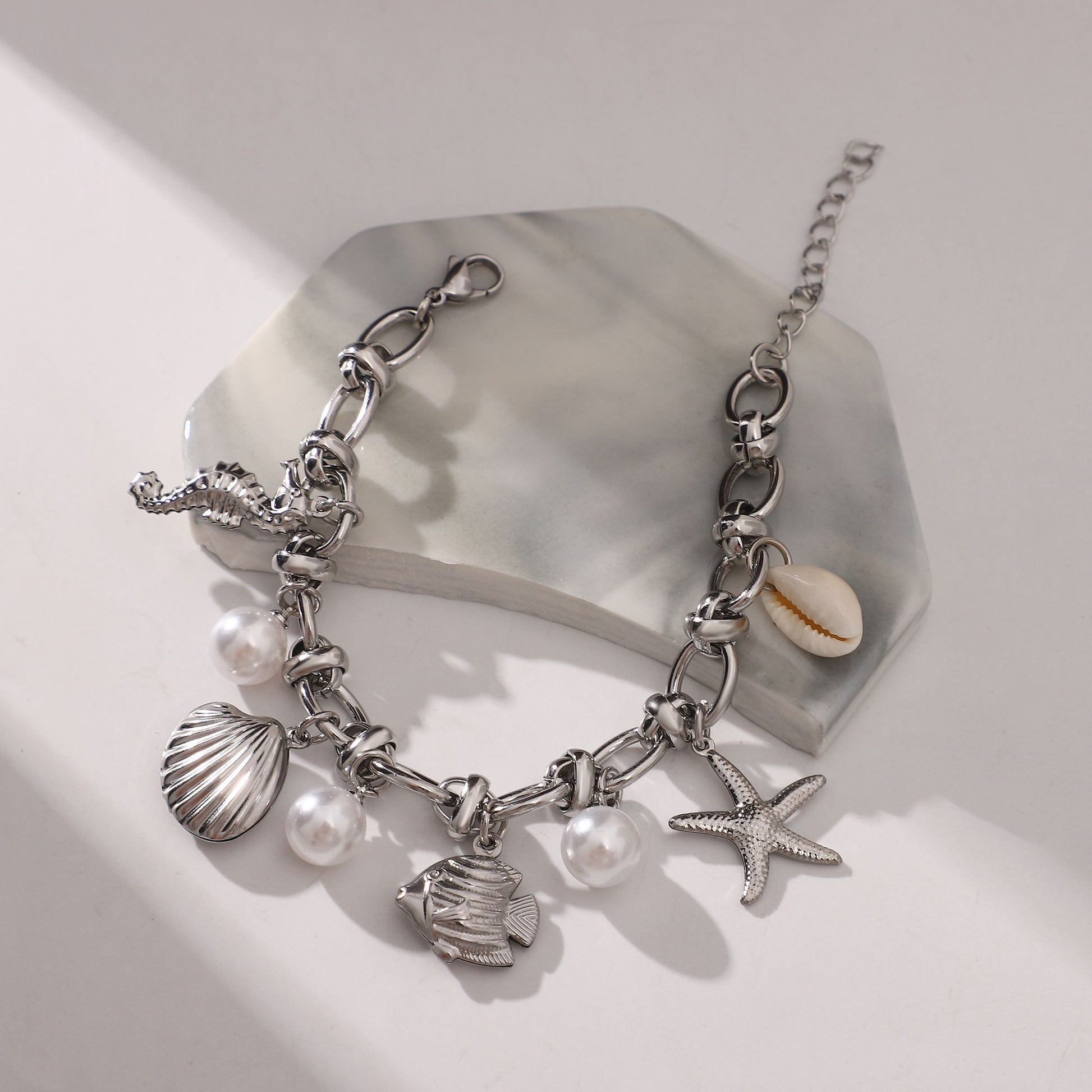SeashellCharmBraceletforWomenbyGingerLyneGoldPlatedStainlessSteelPearlsStarfishandShells_Silver-2