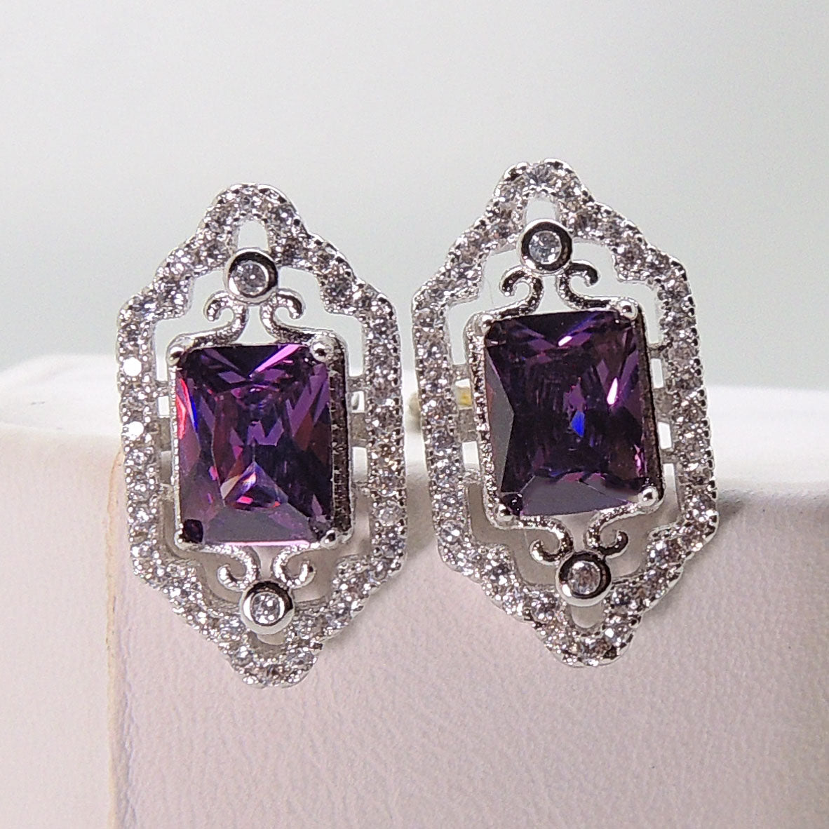 Gigi Filigree Stud Earrings Emerald Cut Purple CZ Womens Ginger Lyne Collection