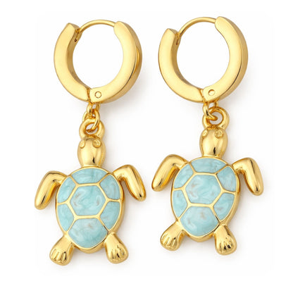 SeaTurtleCharmDangleHuggieHoopEarringsGoldPlatedStainlessSteelbyGingerLyne_Gold-1