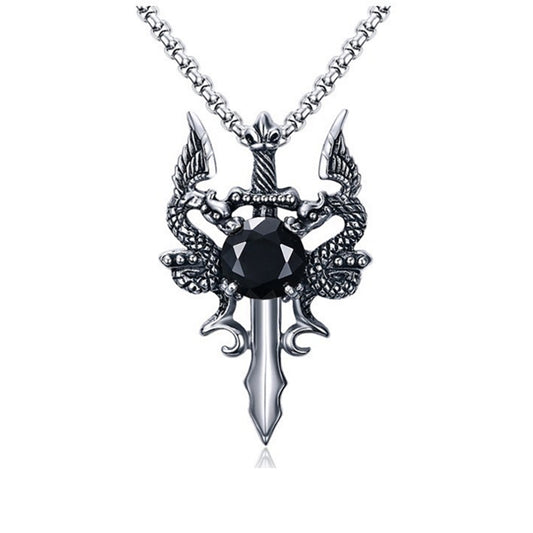 DragonSwordNecklaceforMenorWomenStainlessSteelBlackCzGothicGingerLyneCollection_Silver-1