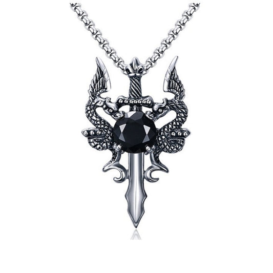 Dragon Sword Necklace for Men or Women  Stainless Steel Black Cz Gothic Ginger Lyne Collection