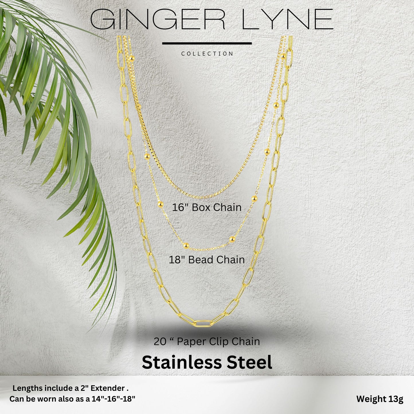 Layered Chain Necklace for Women by Ginger Lyne Gold Plated Stainless Steel Box Bead and Paperclip Chains - Gold
