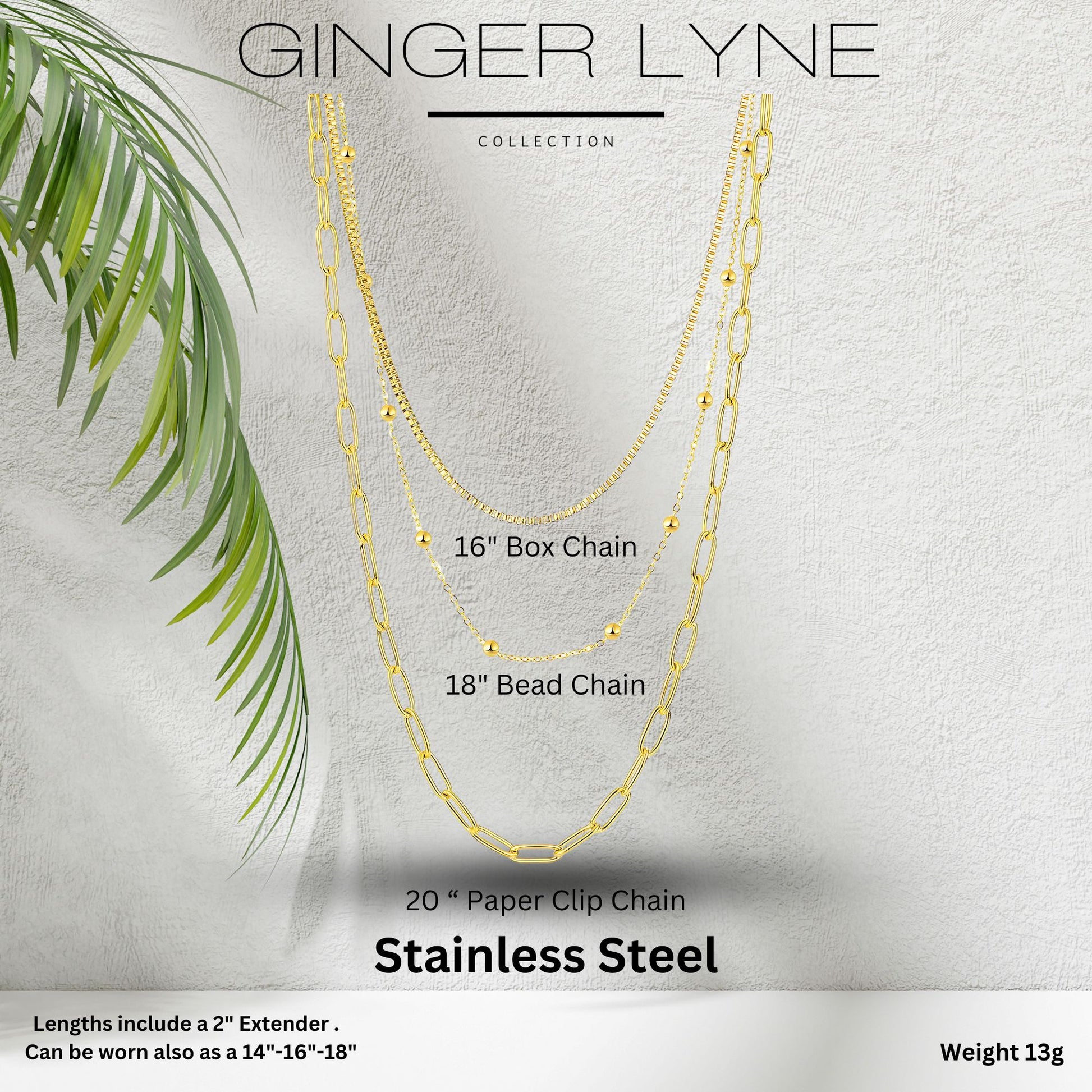 Layered Chain Necklace for Women by Ginger Lyne Gold Plated Stainless Steel Box Bead and Paperclip Chains - Gold