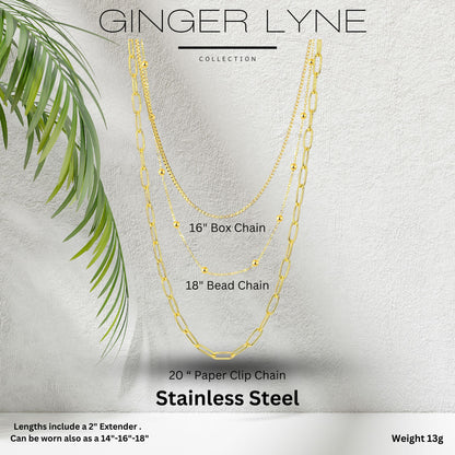 Layered Chain Necklace for Women by Ginger Lyne Gold Plated Stainless Steel Box Bead and Paperclip Chains - Gold