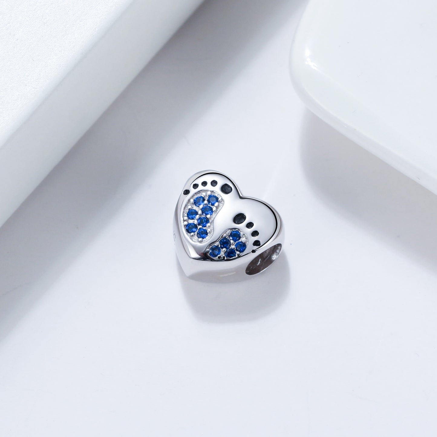Baby Footprints Heart Charm for Women European Bead CZ Sterling Silver Ginger Lyne Collection - Blue