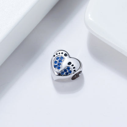 Baby Footprints Heart Charm for Women European Bead CZ Sterling Silver Ginger Lyne Collection - Blue