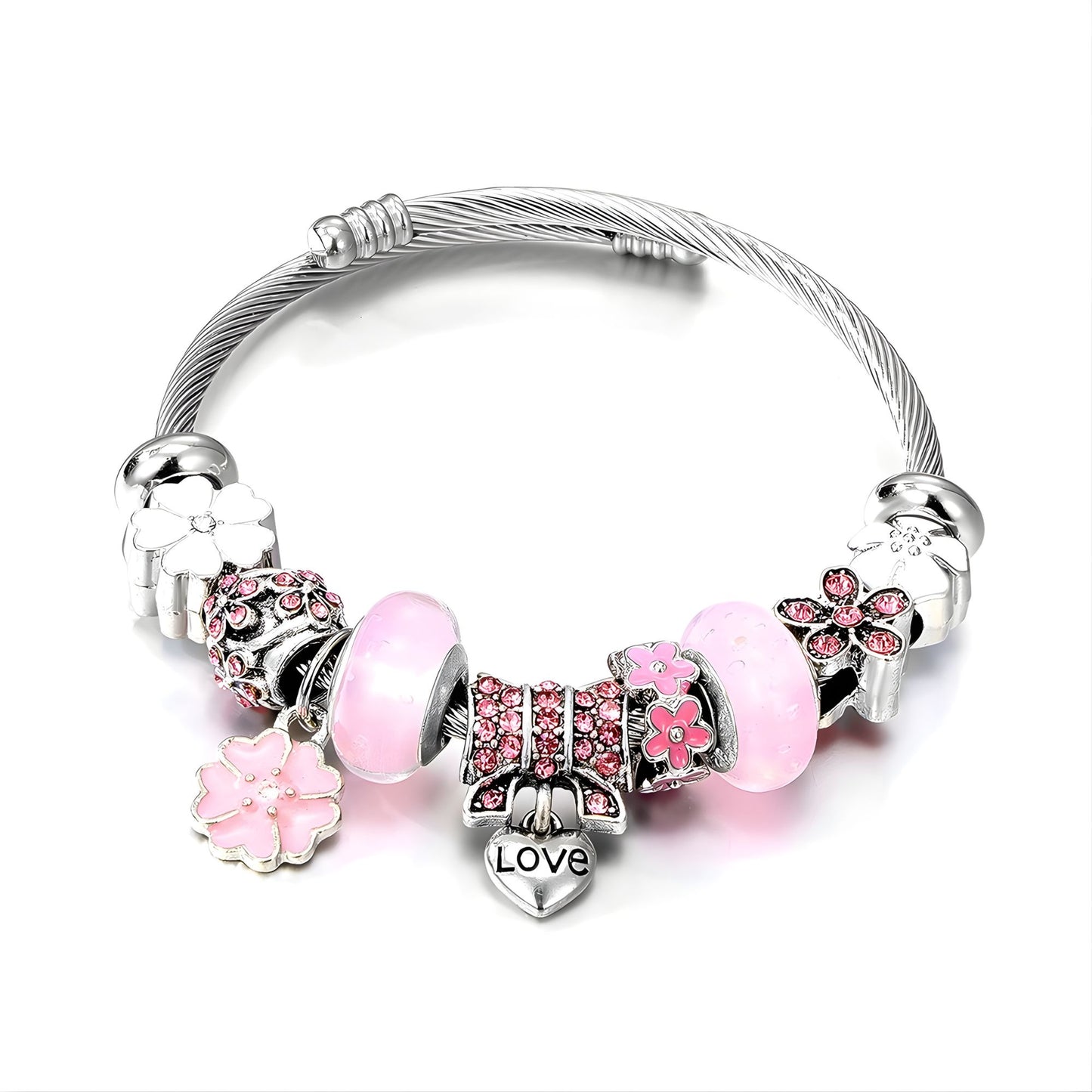 LoveThemeCableCharmBraceletforWomenbyGingerLyneAlloyPinkItalianStyleBeadsValentinesGift_Pink-1