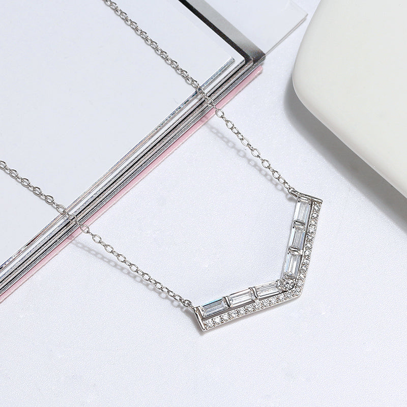 V Shape Necklace for Women Baguette Cz Sterling Silver Chain Ginger Lyne Collection