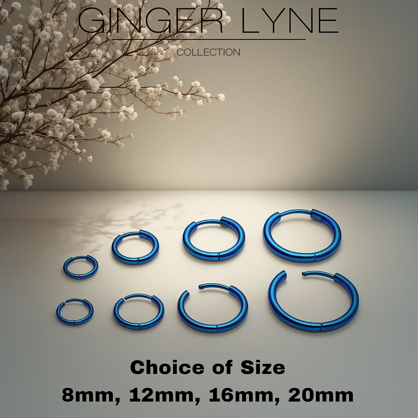 Stainless Steel Hoop Earrings by Ginger Lyne Huggie Style for Lobe Cartilage Piercing Body Jewelry - Blue-20mm