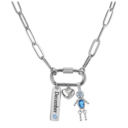 CarabinerFamilyBirthstoneNecklaceforMomorGrandmabyGingerLyneStainlessSteelCZBirthdayCharms_Male-December-Silver-1