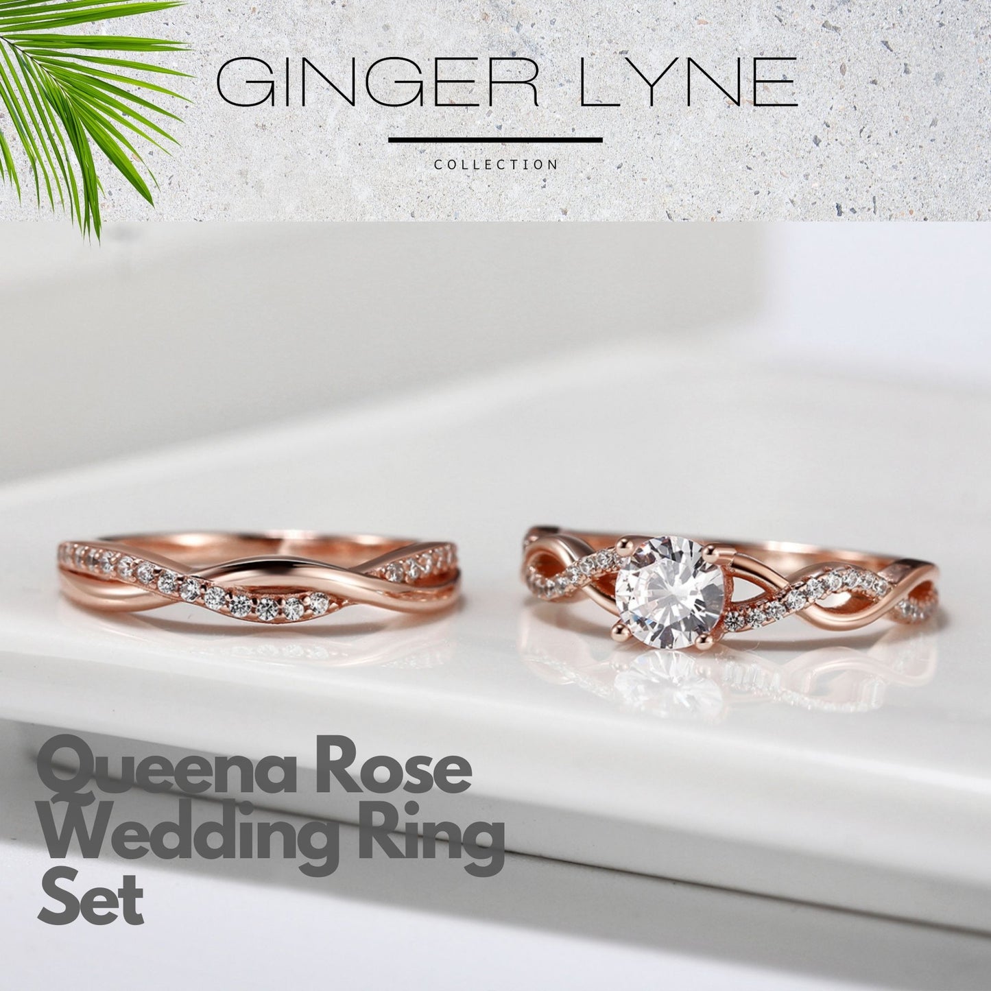 Queena Sterling Silver White Gold Wedding Ring Set for Women Cz Engagement Ring Eternity Band Ginger Lyne Collection