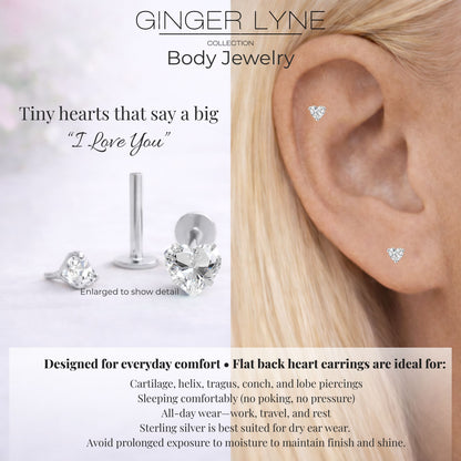 Ginger Lyne Solitaire Heart Flat Back Stud Earrings Sterling Silver Cubic Zirconia Body Jewelry - Silver-5mmCZ-16G-8mmPost