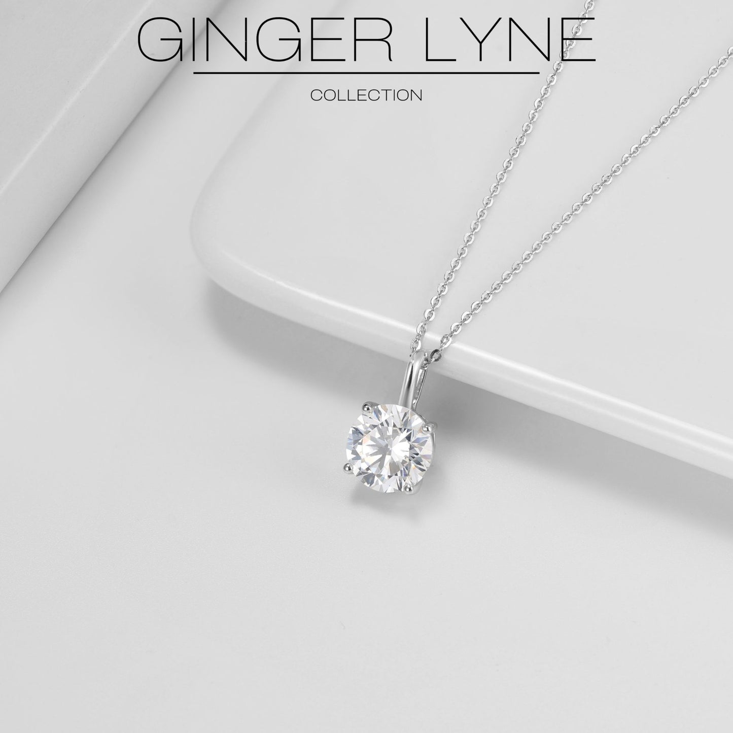 Round Solitaire Necklace for Women Sterling Silver 4 Ct 8A Cubic Zirconia Pendant 16-18" Chain by Ginger Lyne Colelction - White Gold-Tone