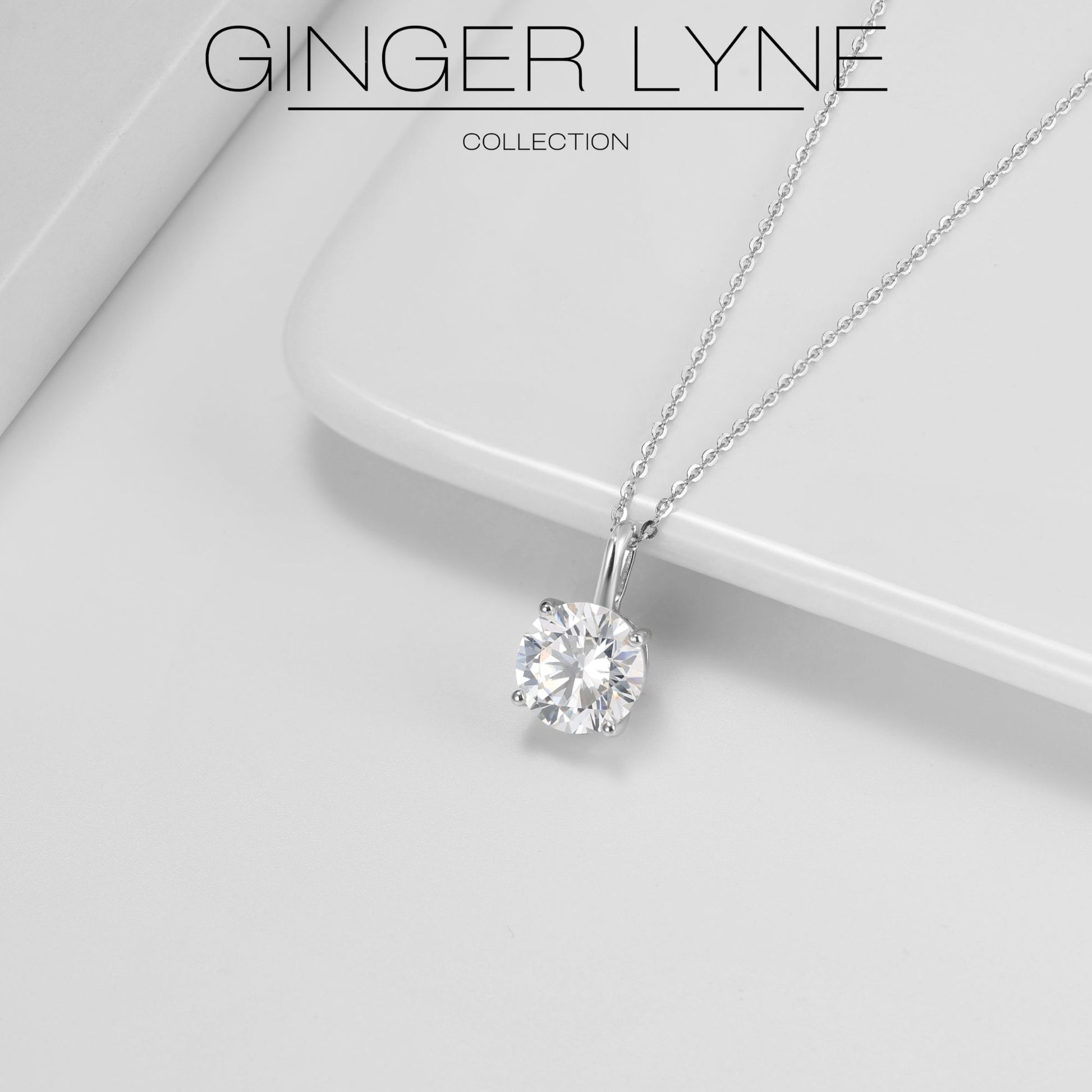 Round Solitaire Necklace for Women Sterling Silver 4 Ct 8A Cubic Zirconia Pendant 16-18" Chain by Ginger Lyne Colelction - White Gold-Tone