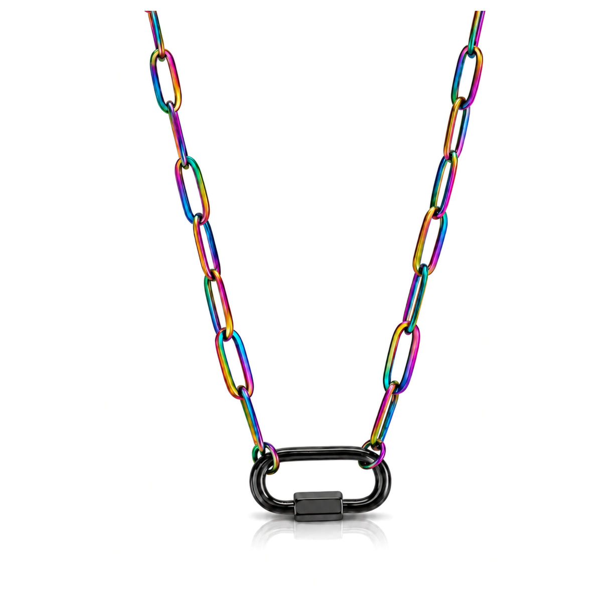 Rainbow Plated Paperclip Chain Carabiner Charm Holder Necklace Black Rectangle Square Screw Clasp 18-20 Inch Stainless Steel by Ginger Lyne - Rainbow-PaperclipChain/BlkRect Sq CH