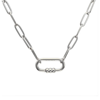 CarabinerCharmHolderNecklaceforWomenbyGingerLynePaperclipChainSilverStainlessSteel18-20"_Silver-PaperclipChain/Rect3BeadCH-1