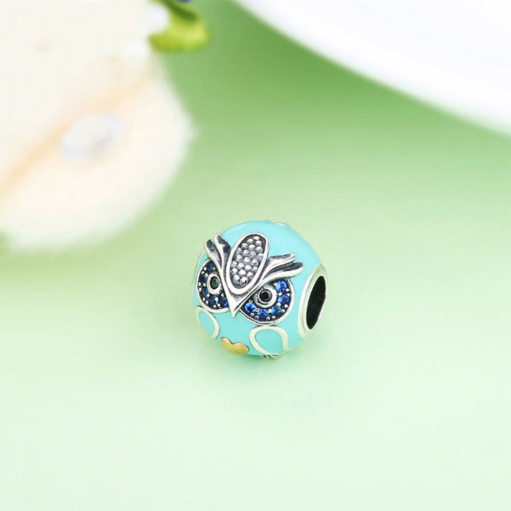 Owl Charm European Bead Blue CZ Sterling Silver Green Enamel Ginger Lyne Collection - Owl-77