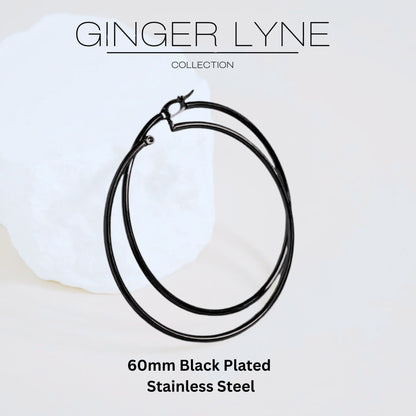 Black Hoop Earrings for Women Thin Large 50mm or 60mm Stainless Steel Ginger Lyne Collection