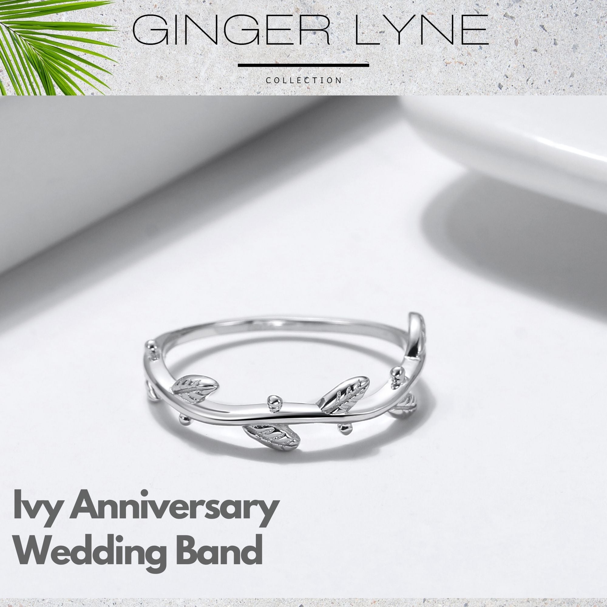 Ivy Vine Wedding Band Olive Branch Stacking Ring Sterling Silver Womens Ginger Lyne Collection - 10