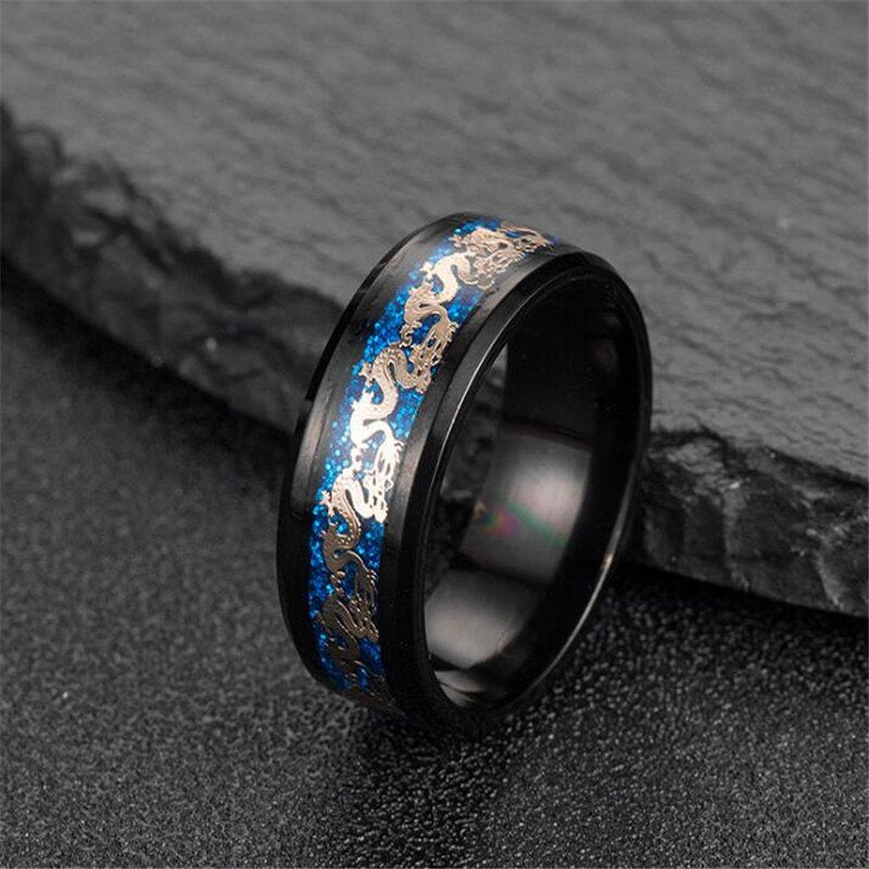 Dragon Wedding Band for Women or Men Black or Blue Stainless Steel Ring by Ginger Lyne Collection