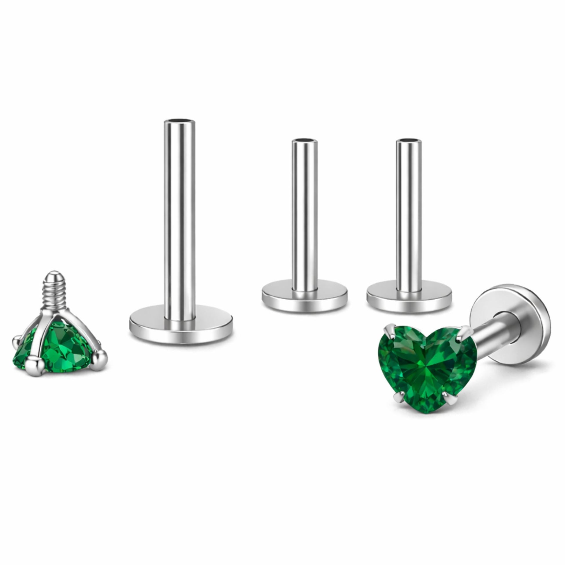 SmallHeartCZSolitaireFlatBackStudEarringsBodyPiercingsbyGingerLyne2SetsPost6mm8mmIncluded_3mm-DkGreen-1