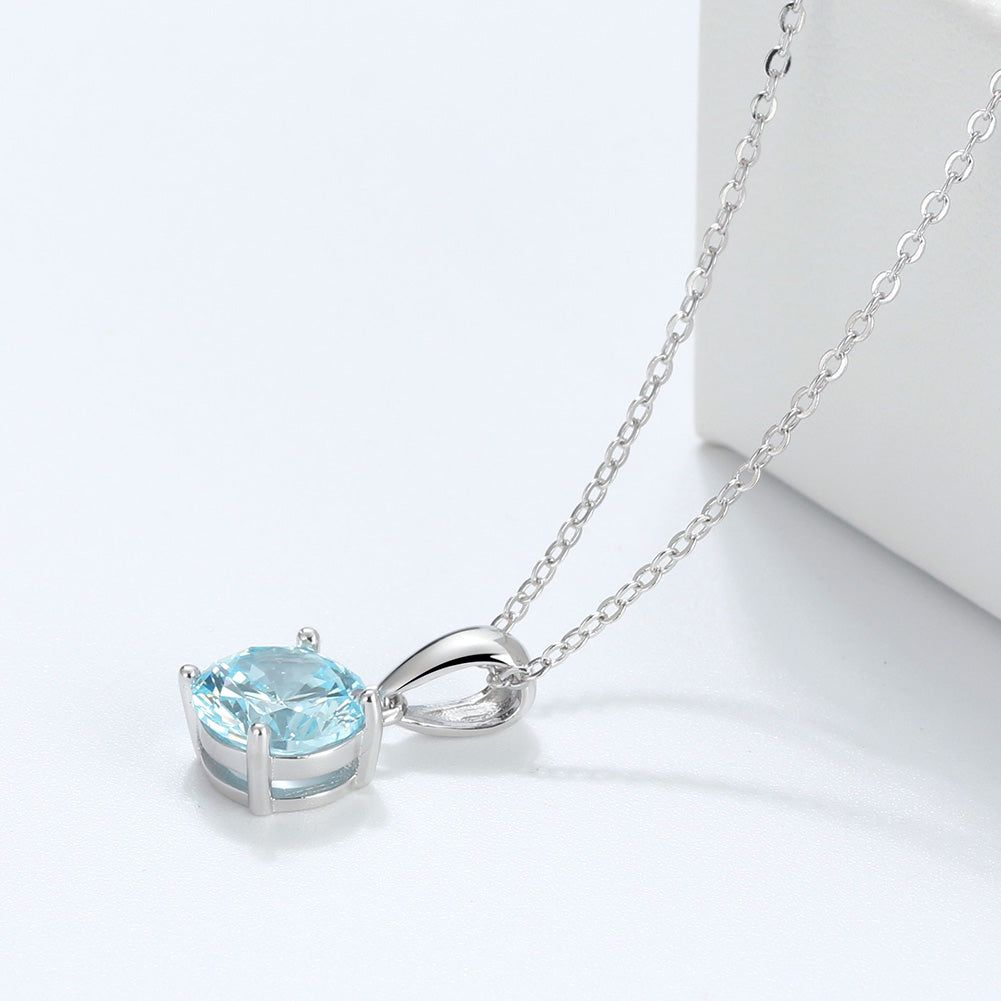 Solitaire Birthstone Necklace for Women Cz Sterling Silver Ginger Lyne Collection - March-Aquanarine Blue