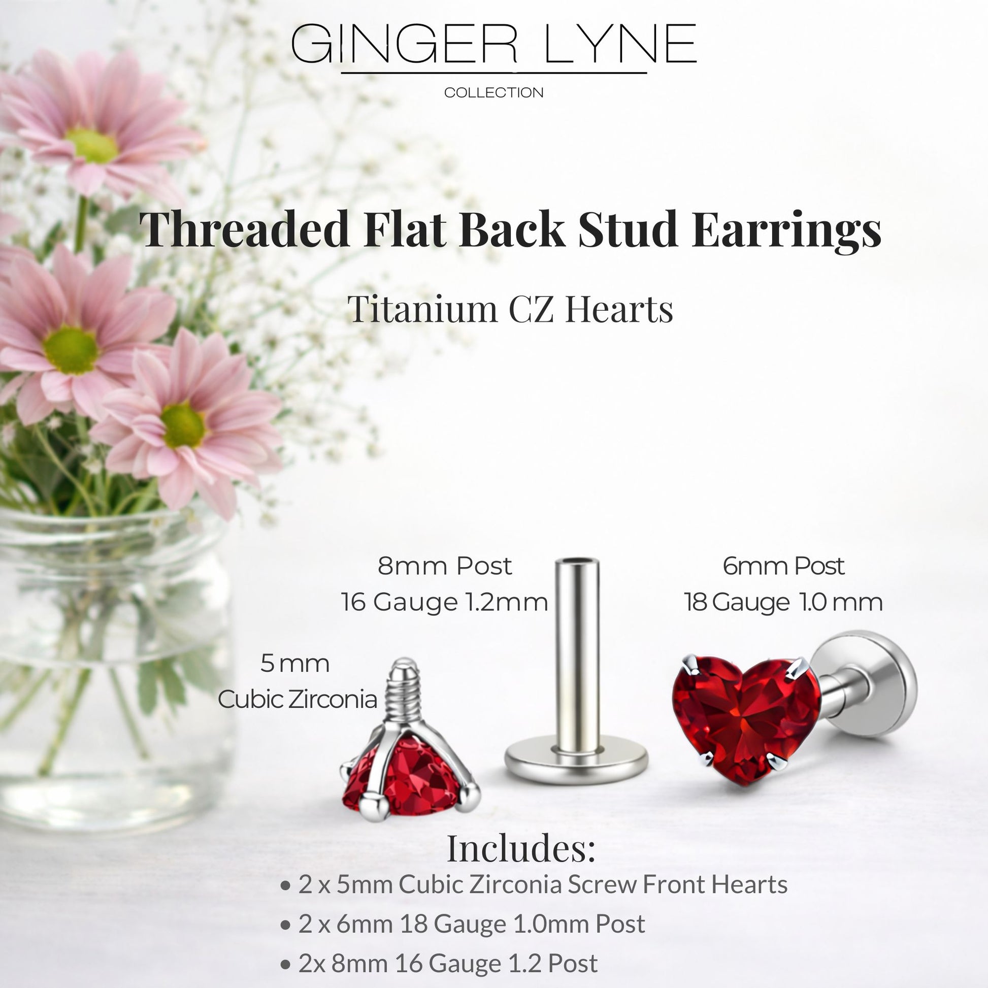 Small Heart CZ Solitaire Flat Back Stud Earrings Body Piercings by Ginger Lyne 2 Sets Post 6mm 8mm Included - 5mm-Red