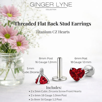 Small Heart CZ Solitaire Flat Back Stud Earrings Body Piercings by Ginger Lyne 2 Sets Post 6mm 8mm Included - 5mm-Red