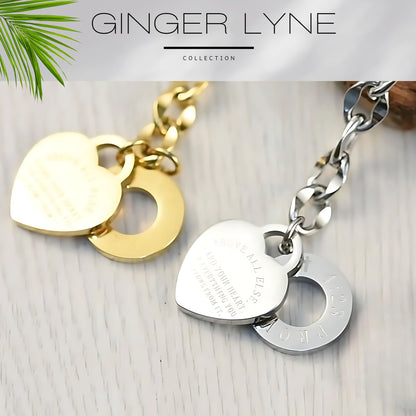 Toggle Clasp Link Bracelet for Women Heart Charm Stainless Steel 7" Fits 6" Wrist Ginger Lyne - Silver