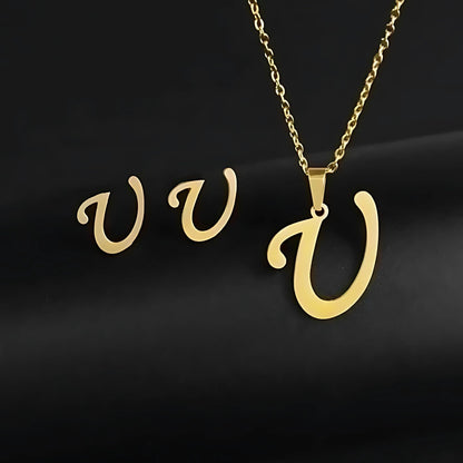 Initial Letter Pendant Necklace Earrings Set for Women Gold Plated Stainless Steel by Ginger Lyne - U