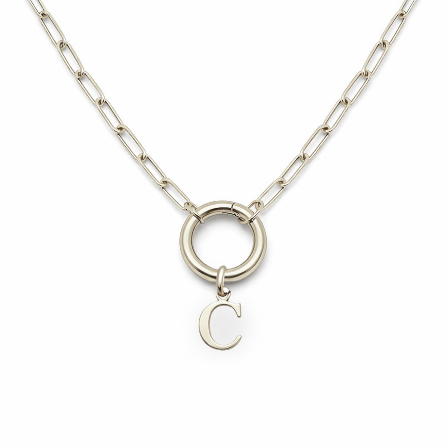 PaperclipLinkCircleCarabinerIntialLetterCharmHolderNecklaceforWomenStainlessSteel20"GingerLyne_Silver-C-1