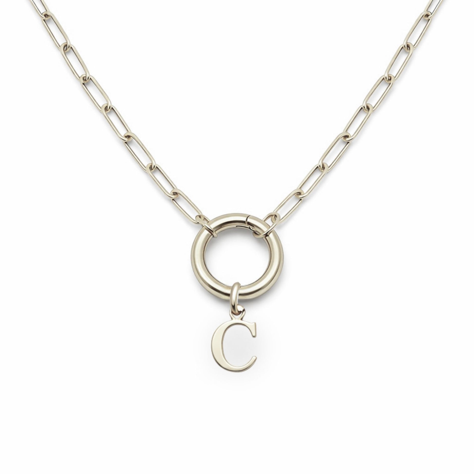 PaperclipLinkCircleCarabinerIntialLetterCharmHolderNecklaceforWomenStainlessSteel20"GingerLyne_Silver-C-1
