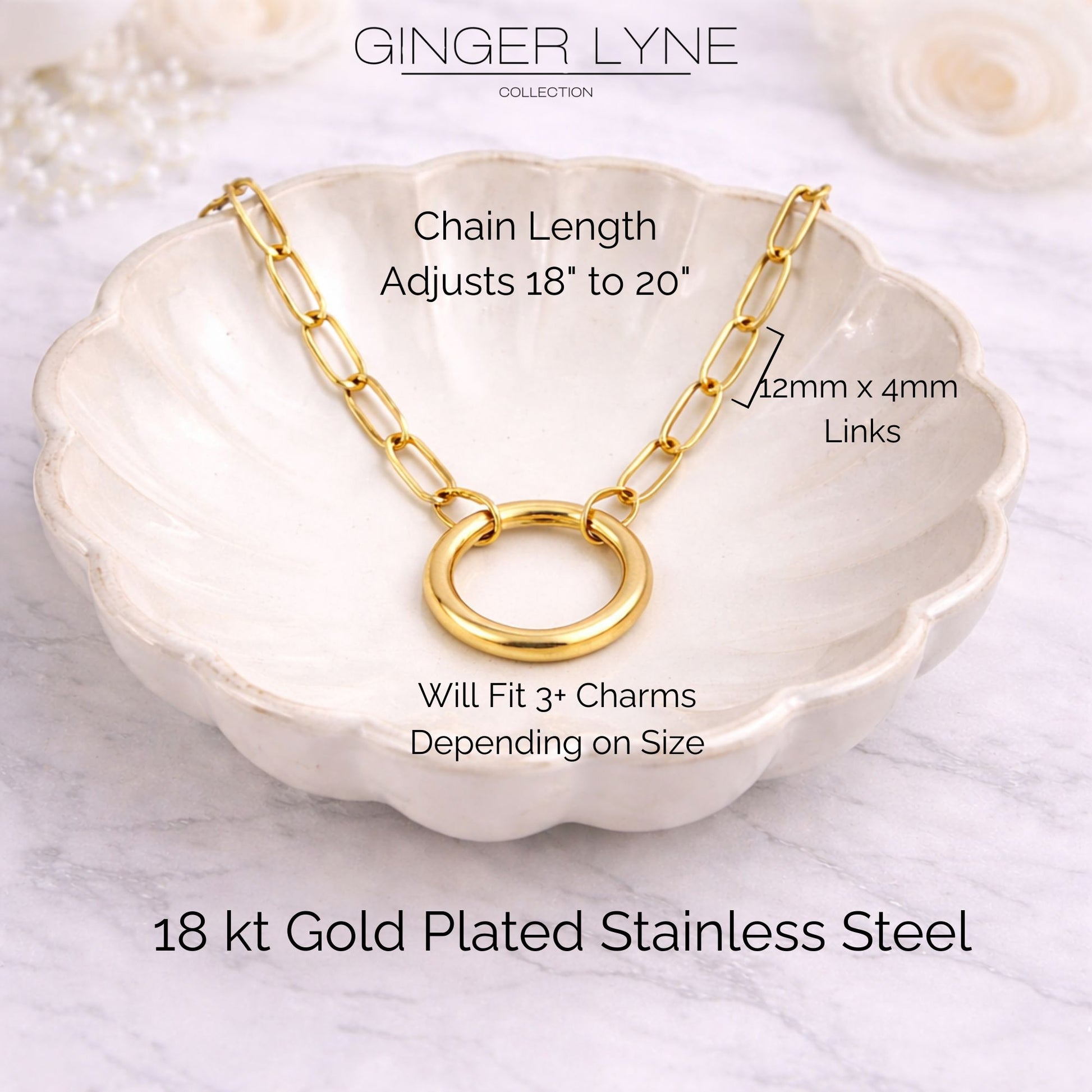 Carabiner Charm Necklace for Women Paperclip Chain Round Carabiner Holder Stainless Steel by Ginger Lyne - 20mm/Gold