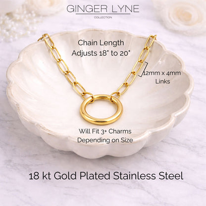 Carabiner Charm Necklace for Women Paperclip Chain Round Carabiner Holder Stainless Steel by Ginger Lyne - 20mm/Gold