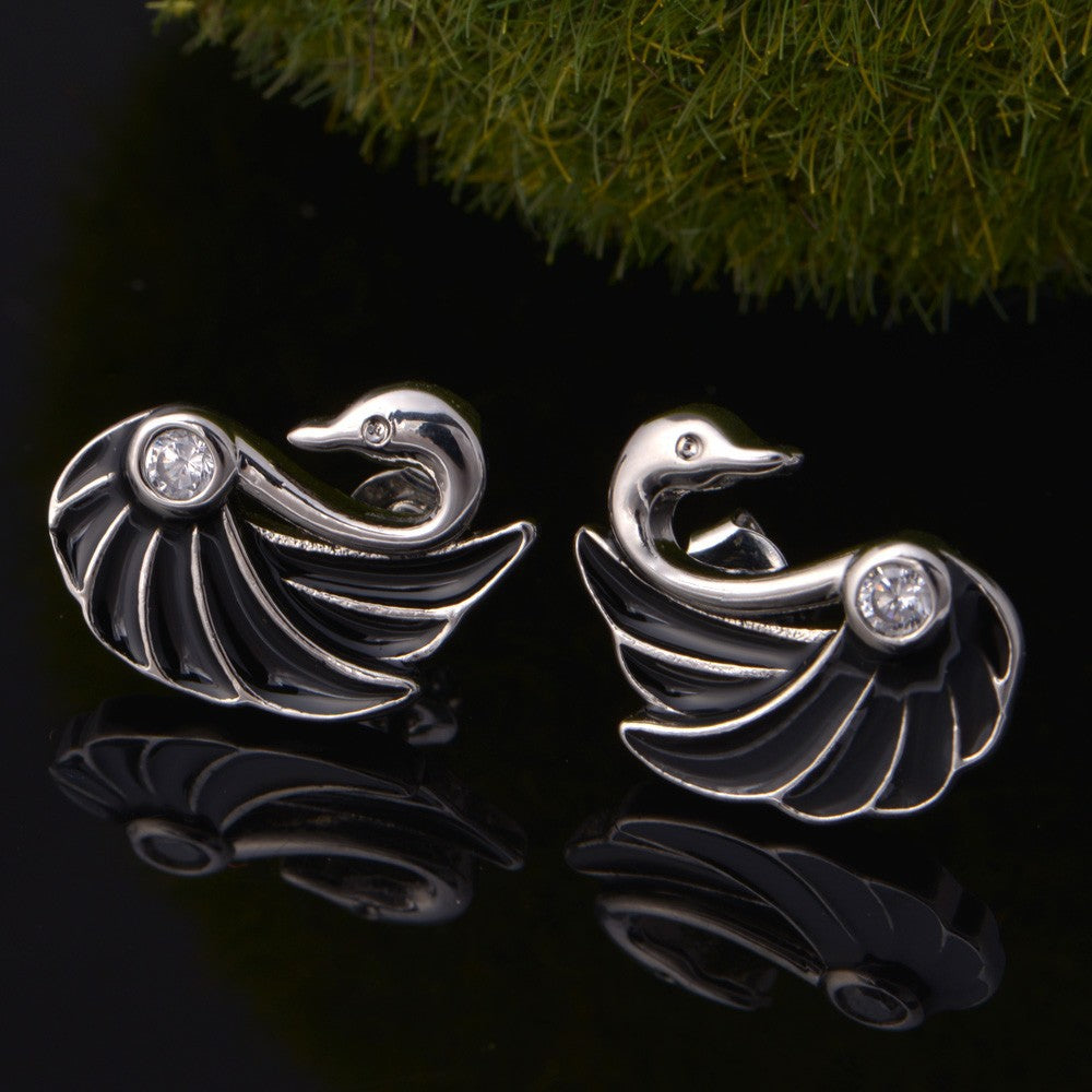Silver Tone Swan Stud Earrings for Women with Blue Cubic Zirconia Small Bird Studs by Ginger Lyne - Silver