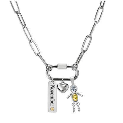 CarabinerFamilyBirthstoneNecklaceforMomorGrandmabyGingerLyneStainlessSteelCZBirthdayCharms_Male-November-Silver-1