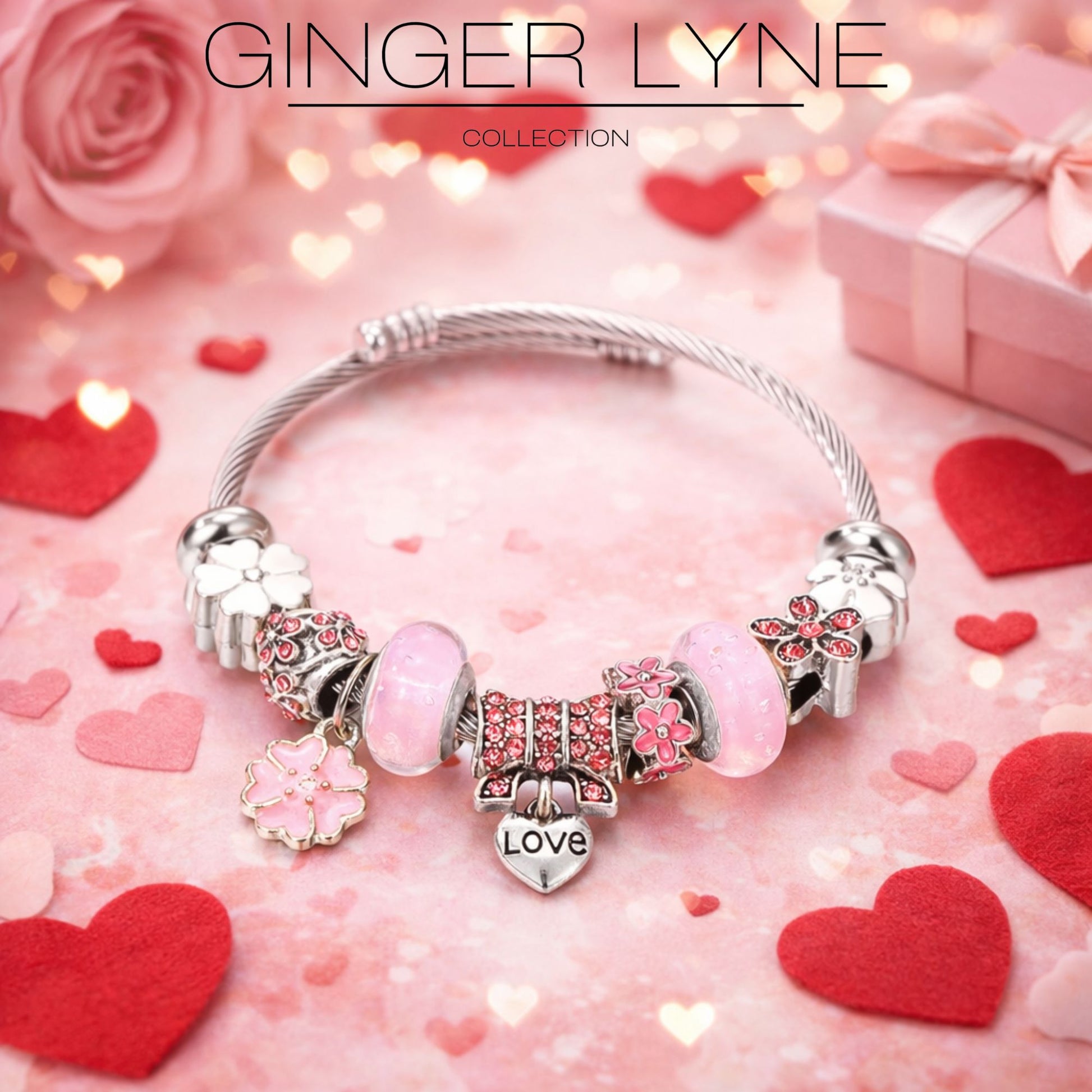 LoveThemeCableCharmBraceletforWomenbyGingerLyneAlloyPinkItalianStyleBeadsValentinesGift_Pink-2