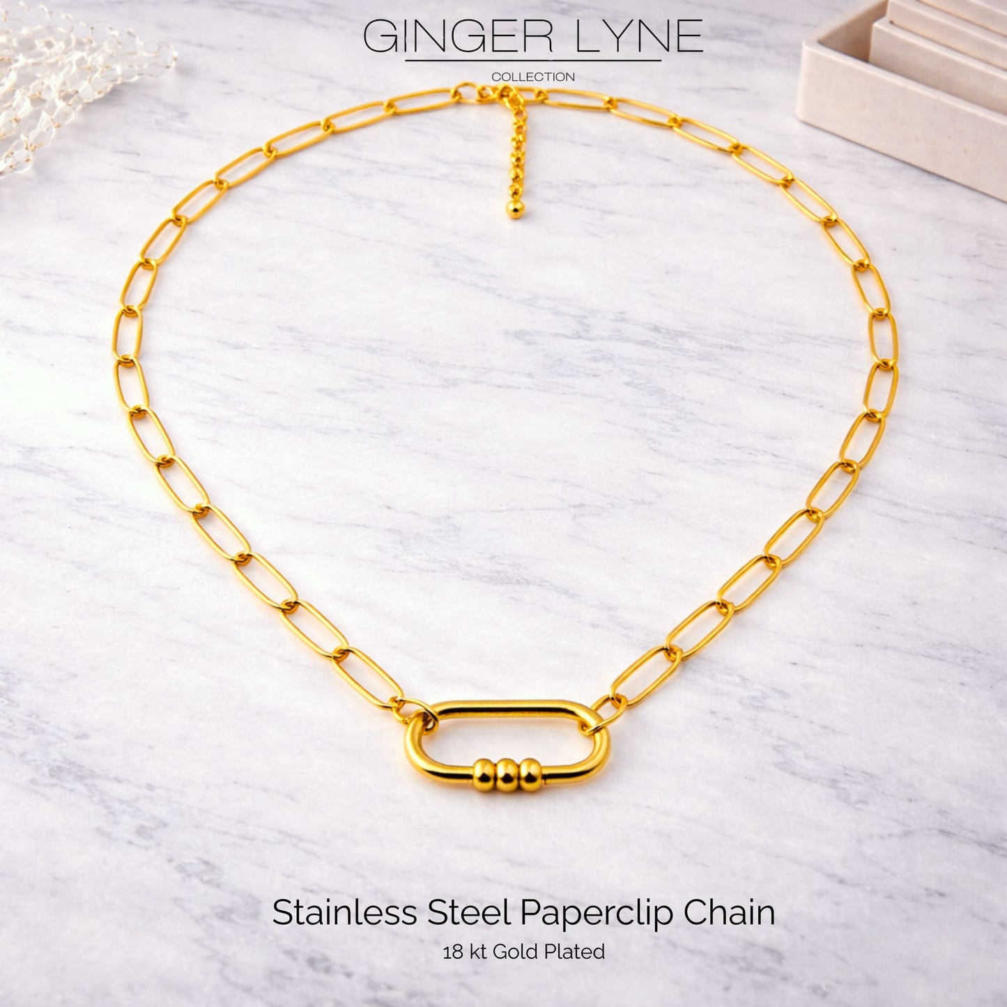 Carabiner Charm Holder Necklace for Women by Ginger Lyne Paperclip Chain 18KT Gold Plated Stainless Steel 18-20" - Gold-PaperclipChain/Rect 3 Bead CH