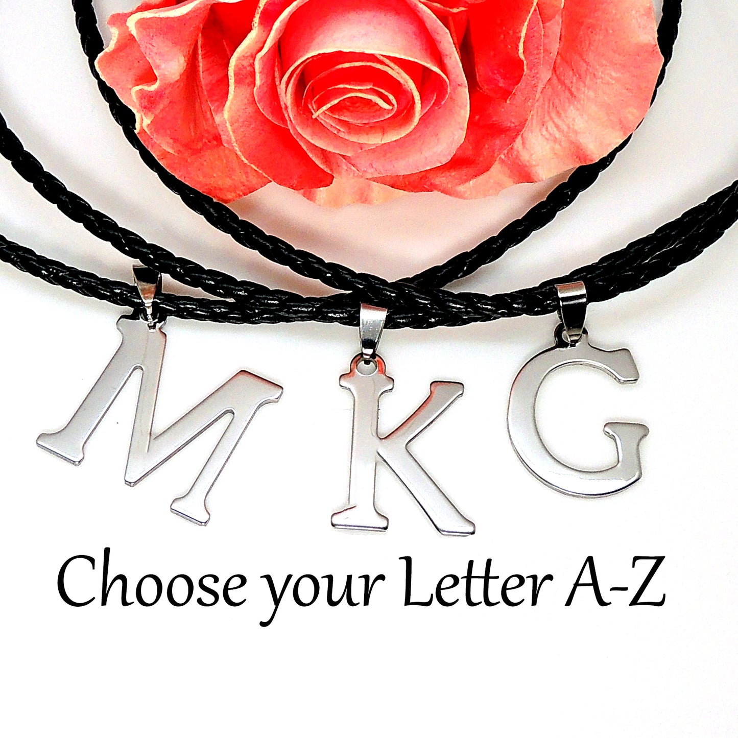 Initial Letter Necklace PU Leather Stainless Steel Men Women Ginger Lyne Collection