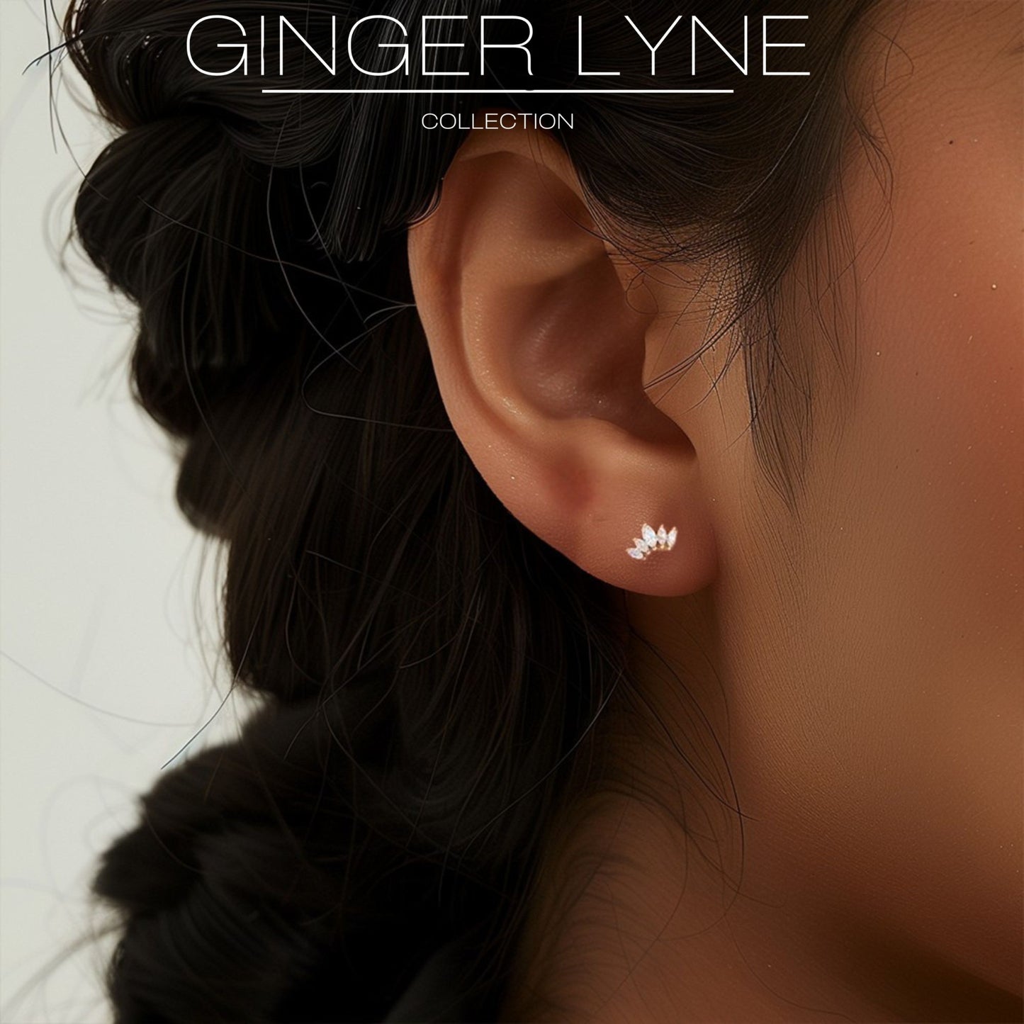 Marquise CZ Flat Back Earrings for Cartilage Helix Tragus Lobe 18g 6mm Post Sterling Silver 1 pair by Ginger Lyne - Gold