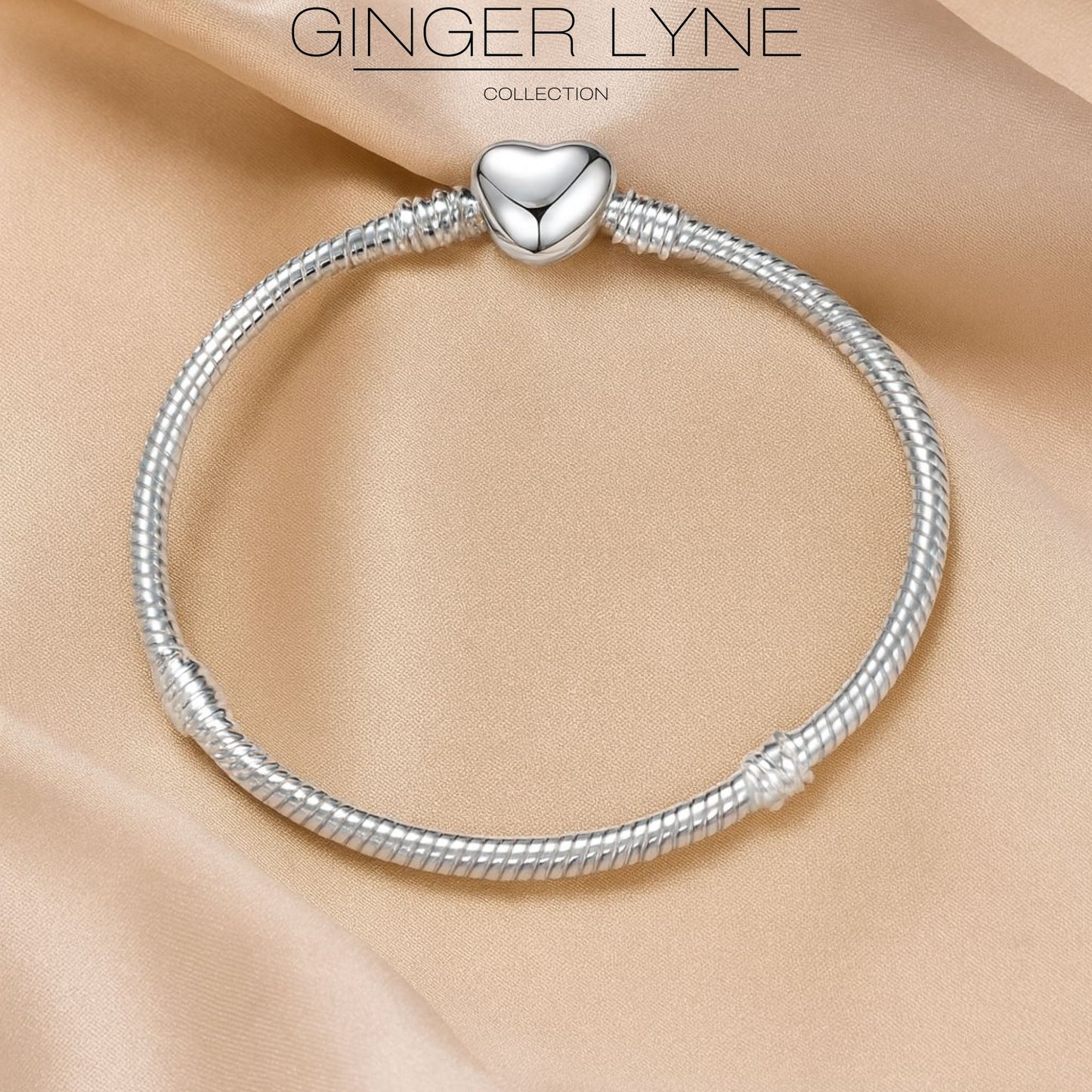 SnakeCharmBraceletWithHeartClaspSilverPlatedFitsStandardEuropeanBeadsGingerLyneCollection-17cm=6.69inch-17cm=6.69inch-Silver_17cm=6.69inch-Silver-2