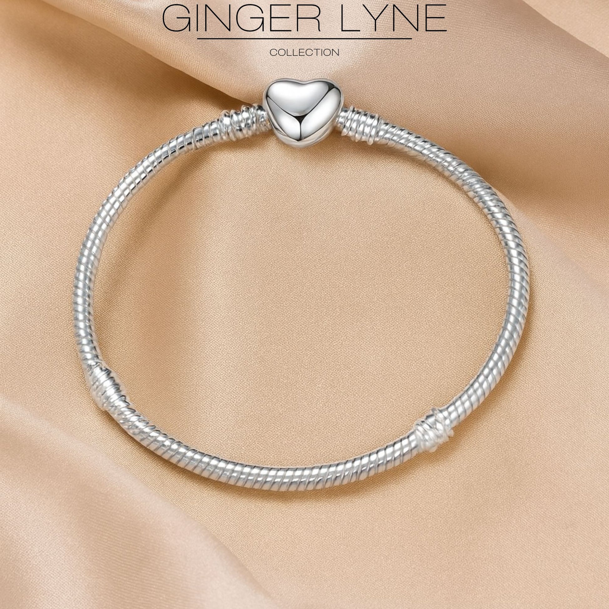 SnakeCharmBraceletWithHeartClaspSilverPlatedFitsStandardEuropeanBeadsGingerLyneCollection-17cm=6.69inch-17cm=6.69inch-Silver_17cm=6.69inch-Silver-2