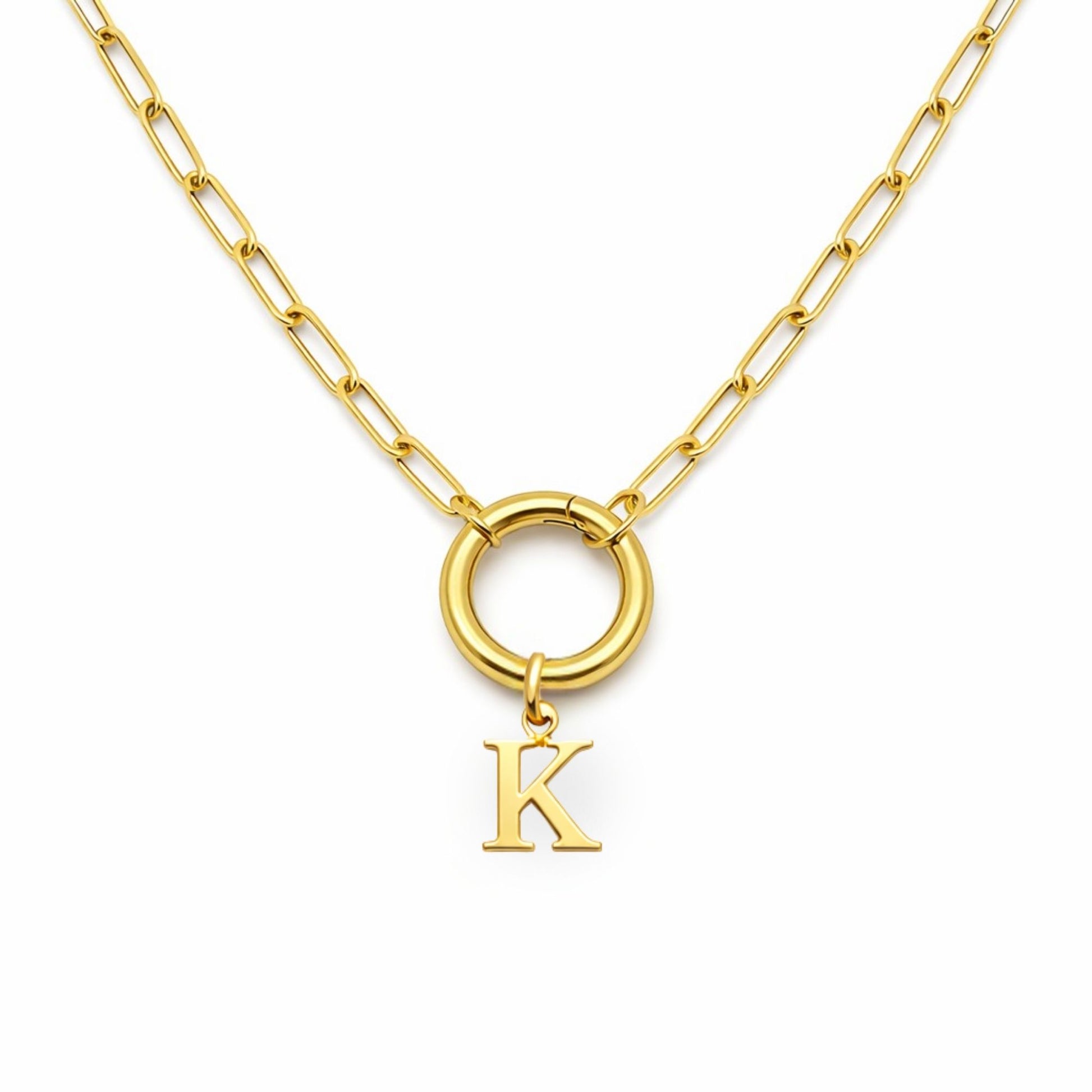 PaperclipLinkCircleCarabinerIntialLetterCharmHolderNecklaceforWomenStainlessSteel20"GingerLyne_Gold-K-1