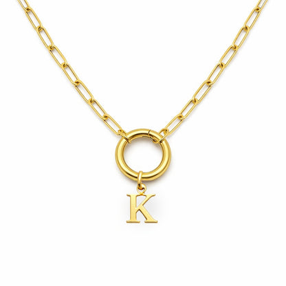 PaperclipLinkCircleCarabinerIntialLetterCharmHolderNecklaceforWomenStainlessSteel20"GingerLyne_Gold-K-1