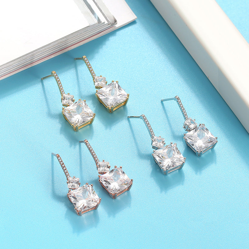 Drop Stud Earrings for Women Princess Cut Cz Sterling Silver Womens Ginger Lyne Collection - White Gold
