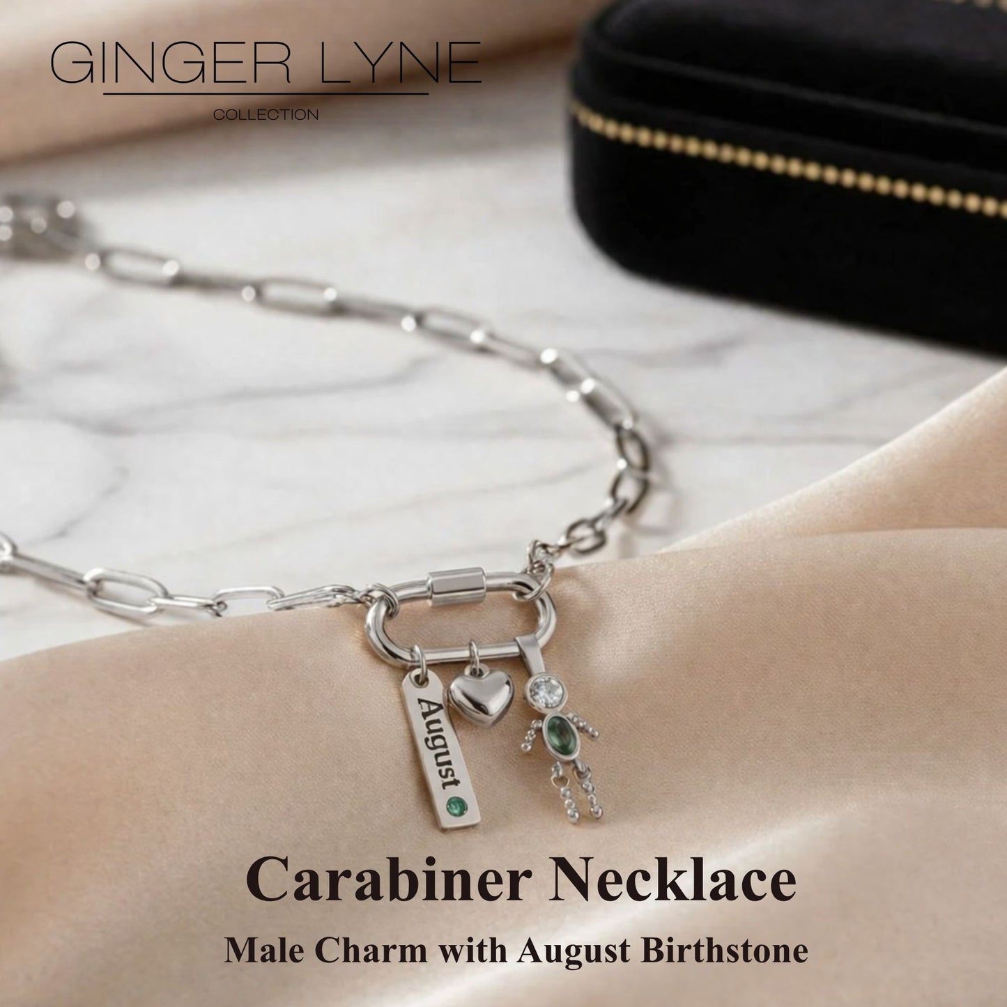 Carabiner Family Birthstone Necklace for Mom or Grandma by Ginger Lyne Stainless Steel CZ Birthday Charms_Male-August-Silver-2