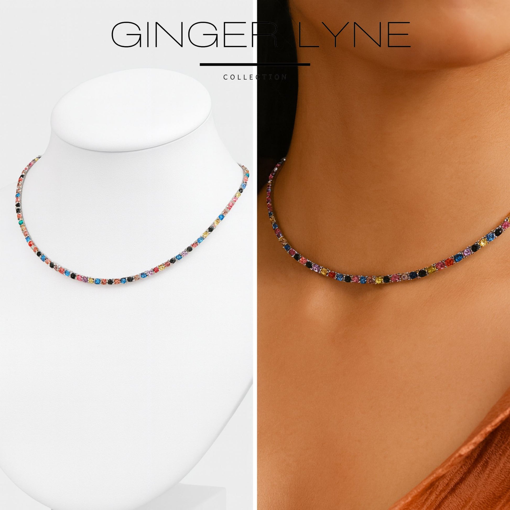 ColorfulTennisNecklaceforWomen3mmCubicZirconia18:-20"AdjustableLengthStainlessSteelbyGingerLyne_Multicolored-6