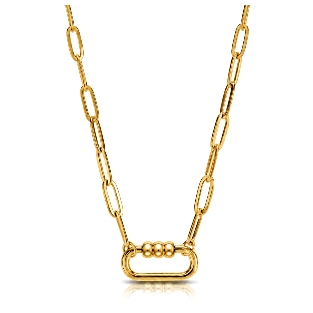 Gold Plated 3 Bead Screw Rectangle Carabiner Charm Holder Necklace Paperclip Chain 18-20 Inch Stainless Steel by Ginger Lyne - Gold-PaperclipChain/Rect 3 Bead CH
