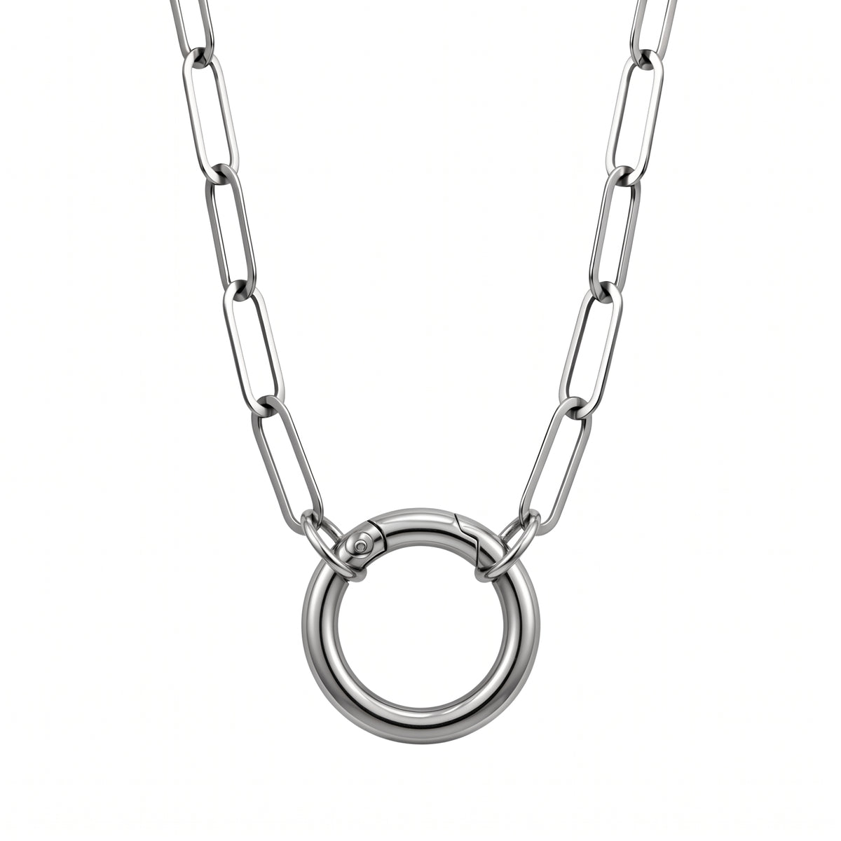 Carabiner Charm Necklace for Women Paperclip Chain Round Carabiner Holder Stainless Steel by Ginger Lyne - 20mm/Silver